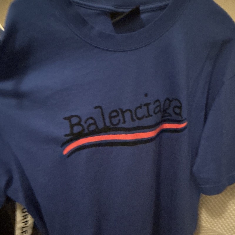 Balenciaga Blue Men's Logo Graphic Crew Neck Short Sleeve T-Shirt Size L