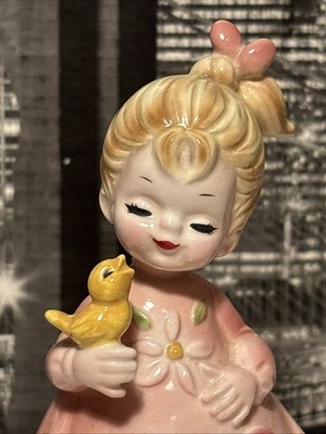 vintage josef originals Adorable Girl Holding Yellow Bird In Pink