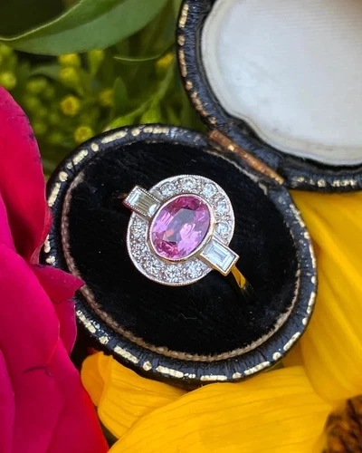 Art Deco Style Oval Pink Sapphire and Lab Created Diamond 14K White Gold FN Ring