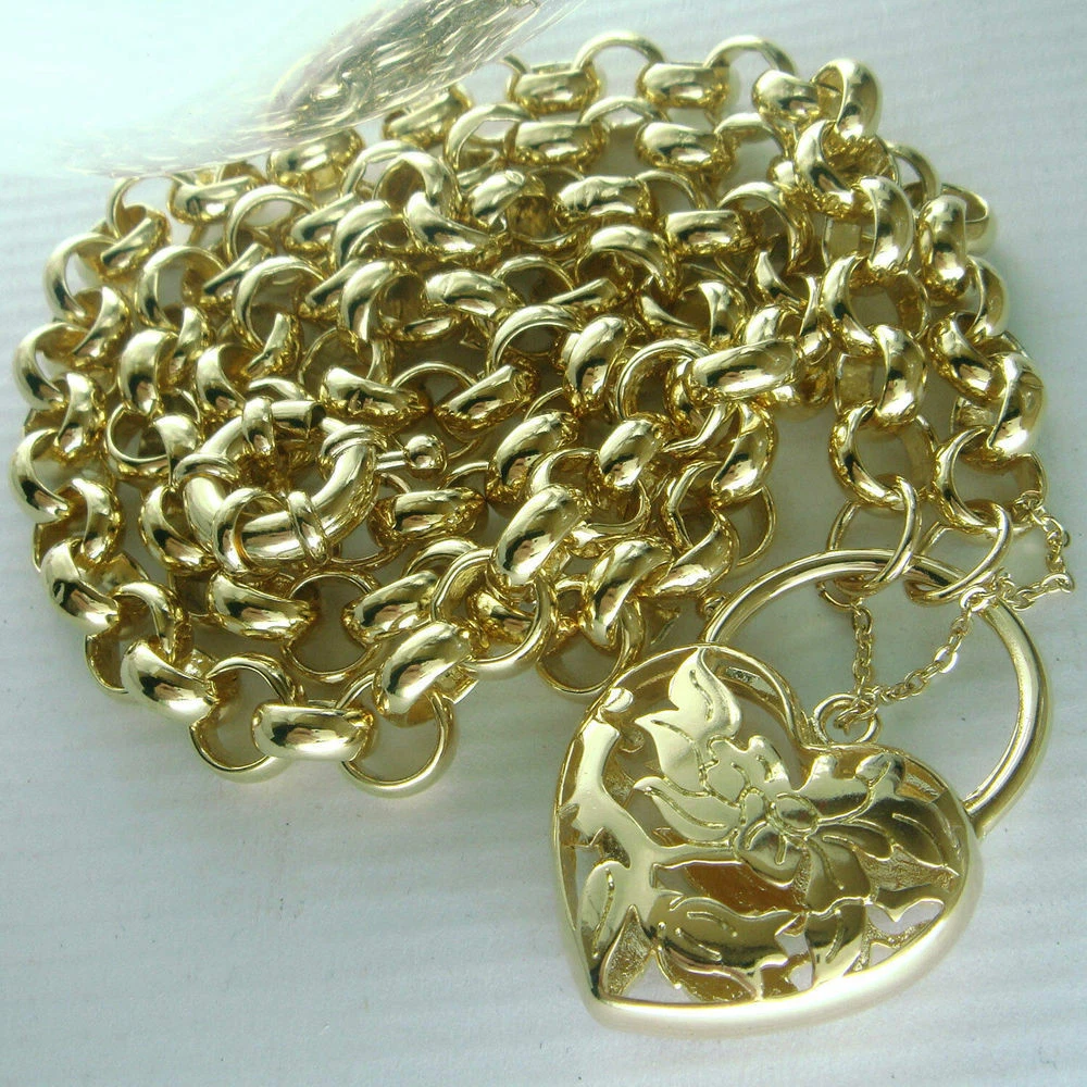 18K Gold Vacuum Plating Heart Belcher Bolt Ring Chain Padlock Solid Necklace