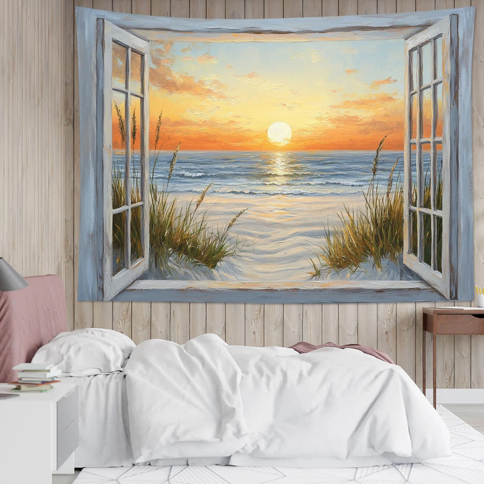 Tapiz costero acuarela océano puesta de sol playa para dormitorio sala dormitorio Foto 3 de 4