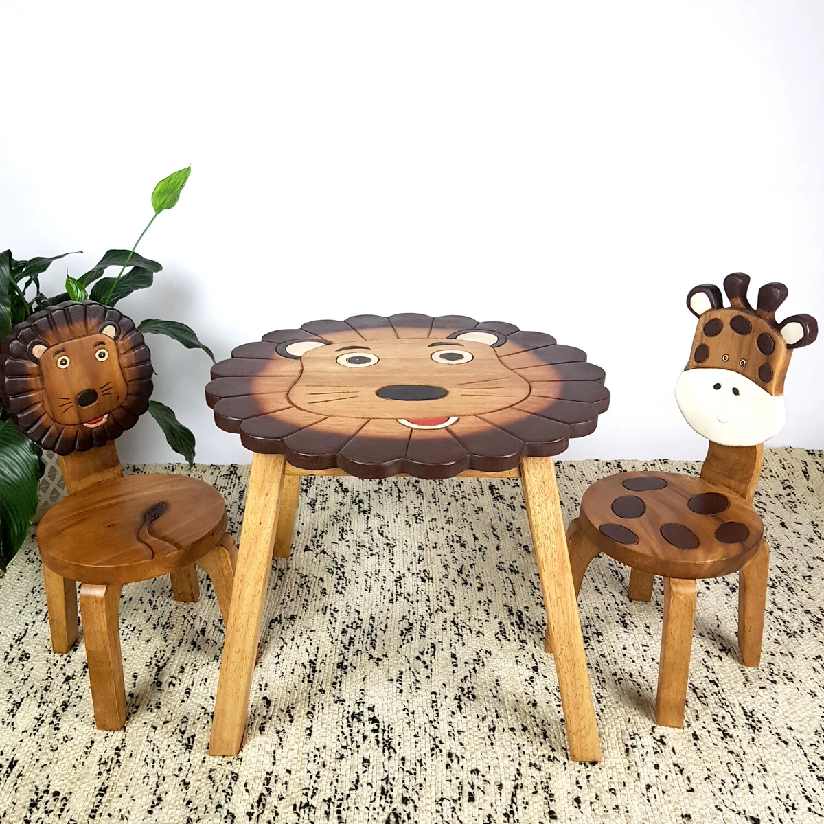 Kids Wooden Table 2 Chairs Set Lion Design Carved Timber