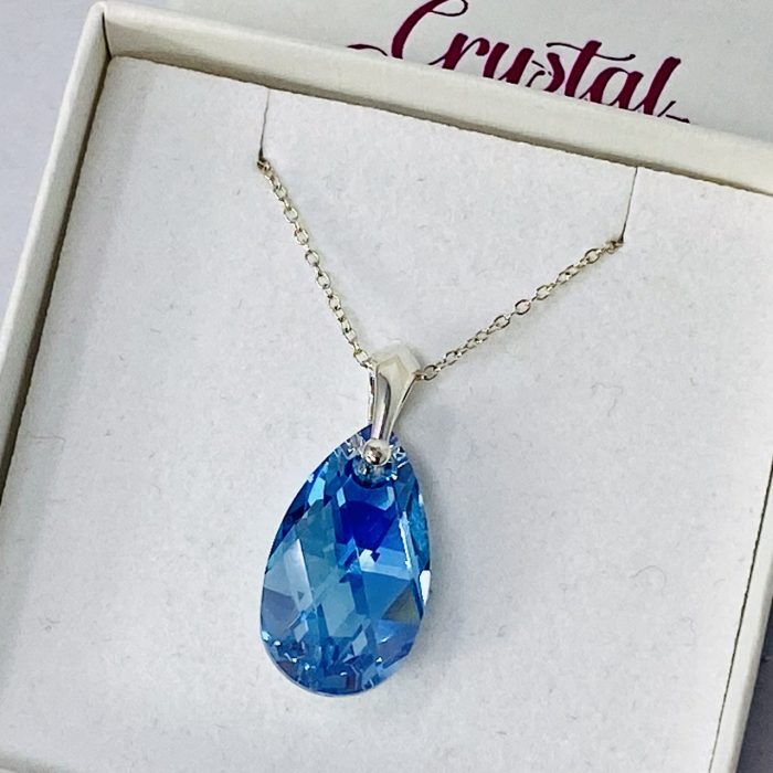 925 Silver Necklace Pendant Pear 22mm Aquamarine Made With Austrian Crystals