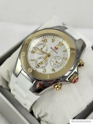 NEW Michele Jelly Bean Tahitian White Two Tone Gold & Silver Watch