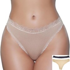Jersey Thong Panty Scalloped Lace Trim Stretch Soft 3 Color Pack Panties 2202