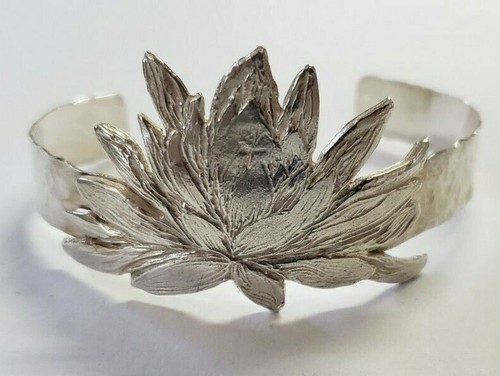 Sterling Silver Handmade Artisan Floral Hammered Peened Cuff Bracelet