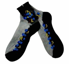 WOMEN'S ANKLE SOCKS BLUE YELLOW PANSY FLORAL EMBROIDERED SHEER BLACK 1PR NEW