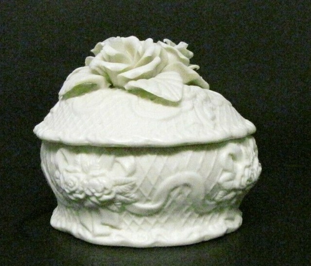 Vintage White Bisque Ceramic Trinket/ Music Box with Flowers eBay