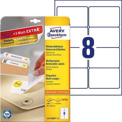 AVERY Zweckform L4745REV-25 Universal Etiketten (200 plus 40 Klebeetiketten extr