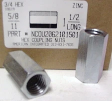 5/8-11 3/4 HEX X 1-1/2 LONG HEX COUPLING NUTS STEEL ZINC PLATED (200)