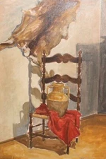 80's realist oil painting still life of a vase on a chair