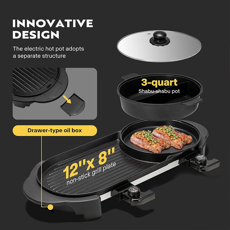2 in 1 Electric Non-Stick Grill Hot Pot BBQ Grill Soup Shabu Pot Barbecue 2200W - Image 4 of 4