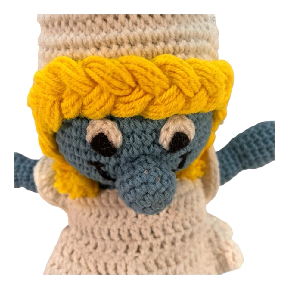 Handcrafted Smurfette Crochet Doll Yellow Braided Hair White Dress Blue Body 17" - Image 4 of 4