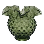 Fenton Art Glass Colonial Green Hobnail Vase With Ruffled Crimped Edge MCM