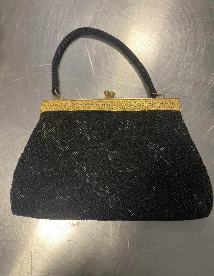 Vintage-Inspired Black Beaded Evening Bag with Gold Frame - Image 2 of 4