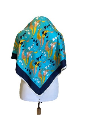 H81# Hubert de Paris Silk Scarf Turquoise Blue Floral Vintage French Design