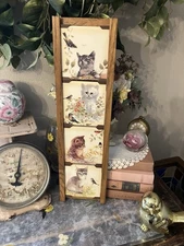 Vintage MCM Cottagecore Kitty Cat  Bird Flowers Garden Wall Decor Tile Kitsch