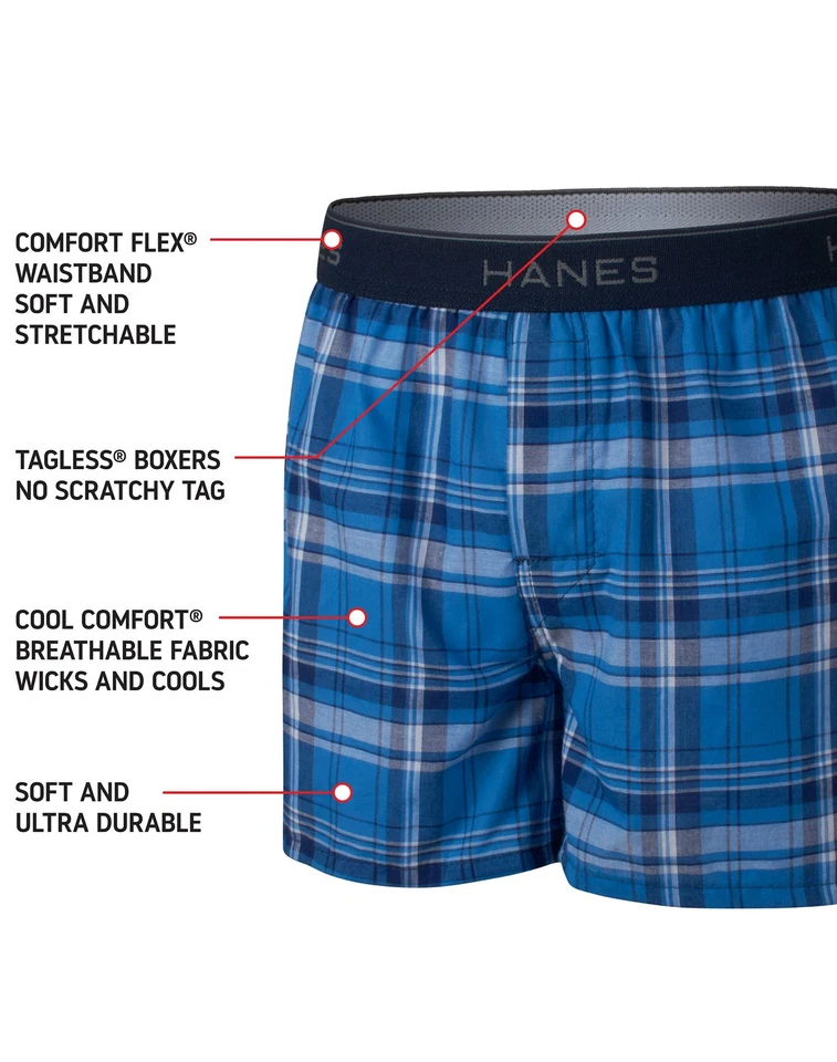 Paquete de 4 calzoncillos boxer Hanes Ultimate para niños tejidos cómodos suaves cintura a cuadros S-XL Foto 4 de 4