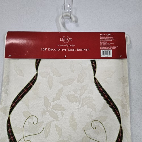Lenox Holiday Nouveau Table Runner Tassel Ivory Tartan Plaid Holly Accents - Picture 7 of 9