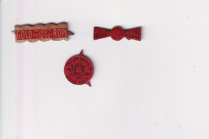 3 ANTIQUE TIN TOBACCO TAGS - gold rope,gold club, and rose bud.