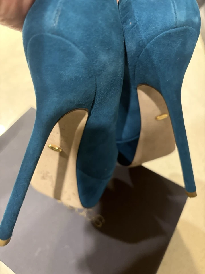 $975 Sergio Rossi Azul Teal Cachet Gamuza Celebridad Tacones Stiletto Zapatos 36.5 con Caja Foto 3 de 4