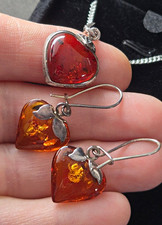 925 Sterling Silver Amber Heart Pendant & Drop Earrings Jewellery Set