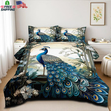 Blue Peacock Comforter Set Queen Size Bird and Floral Bedding Set Animal Feather