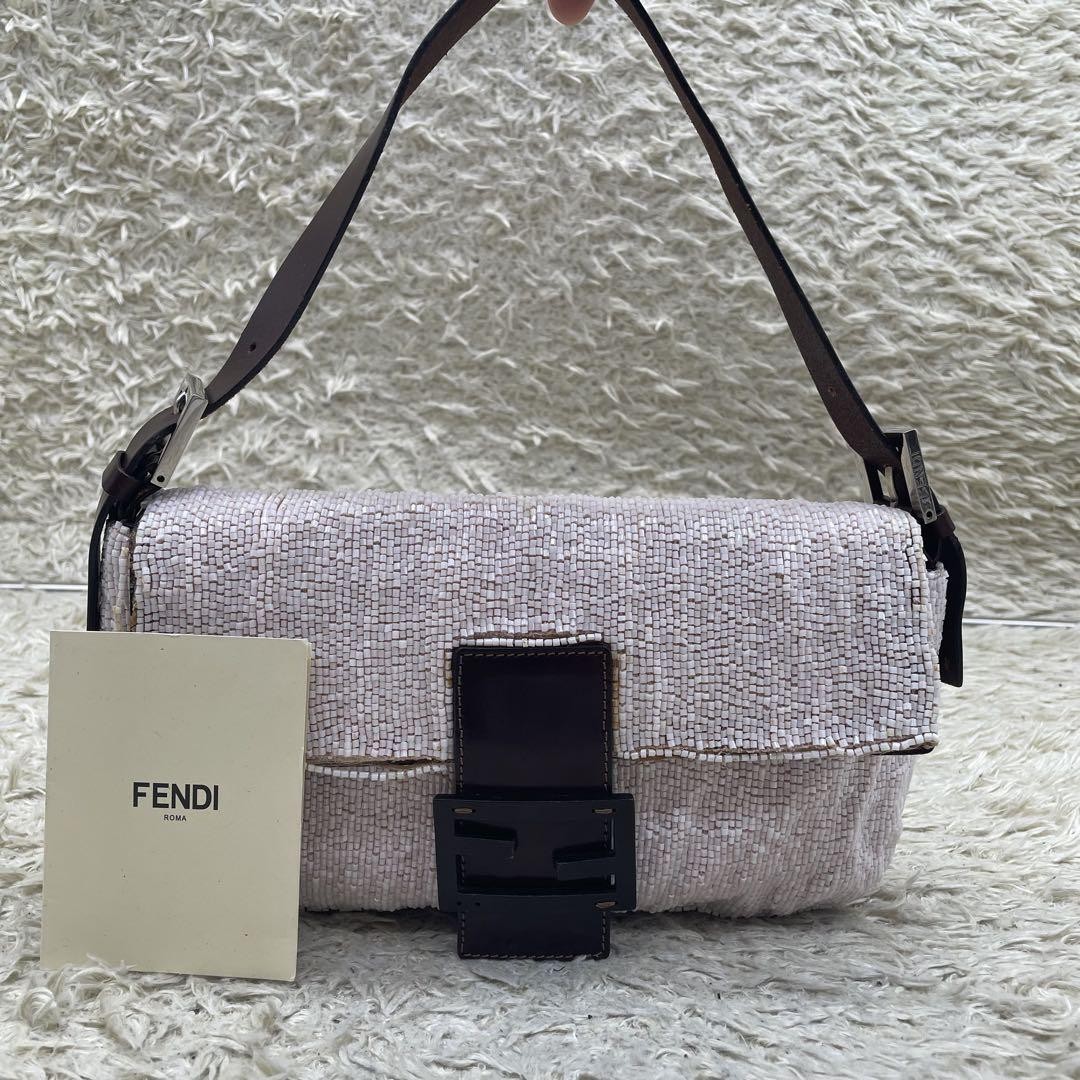 Rare FENDI Mamma Bucket Beaded Handbag White Authentic Used Condition Elegant