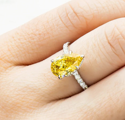 3.50Ct Pear Cut Lab Grown Fancy Vivid Yellow Diamond Hidden Halo Ring 14k Gold