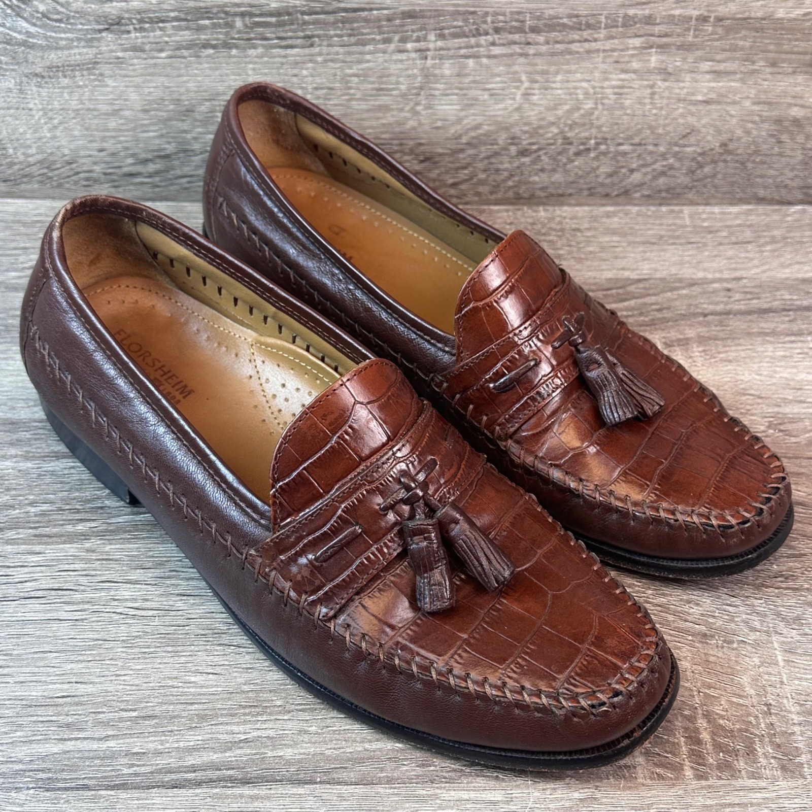 Florsheim Pisa Tassel Loafers Mens 9.5 D Croc Emboss Leather Whipstitch Details