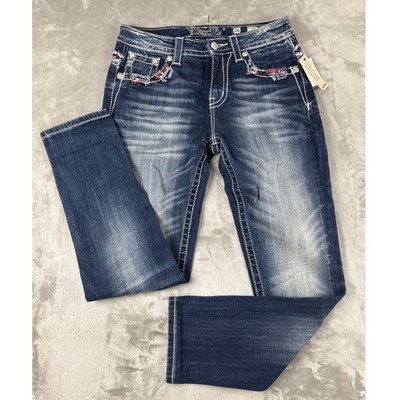 Miss Me Dark Wash Embellished Plaid Distressed Slim Jeans Womens 26 NEW