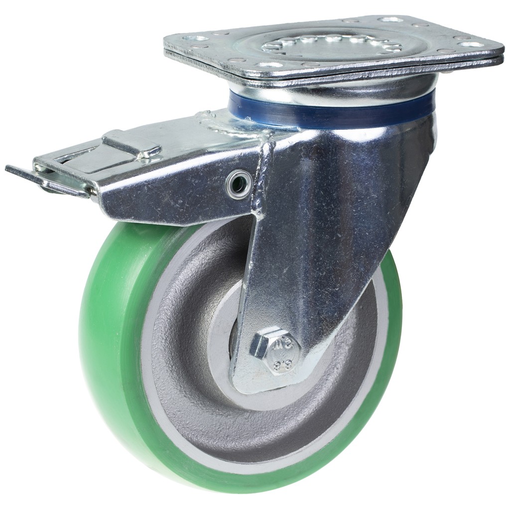 160mm swivel/brake castor with green convex elastic polyurethane on cast iron ce