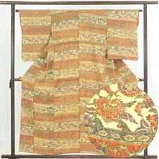 Recycled Silk Komon Kimono, Light Yellow Stripe, Lined, M