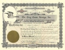 Gray Goose Airways Stock Certificate signed by the inventor Jonathan Edward Ca