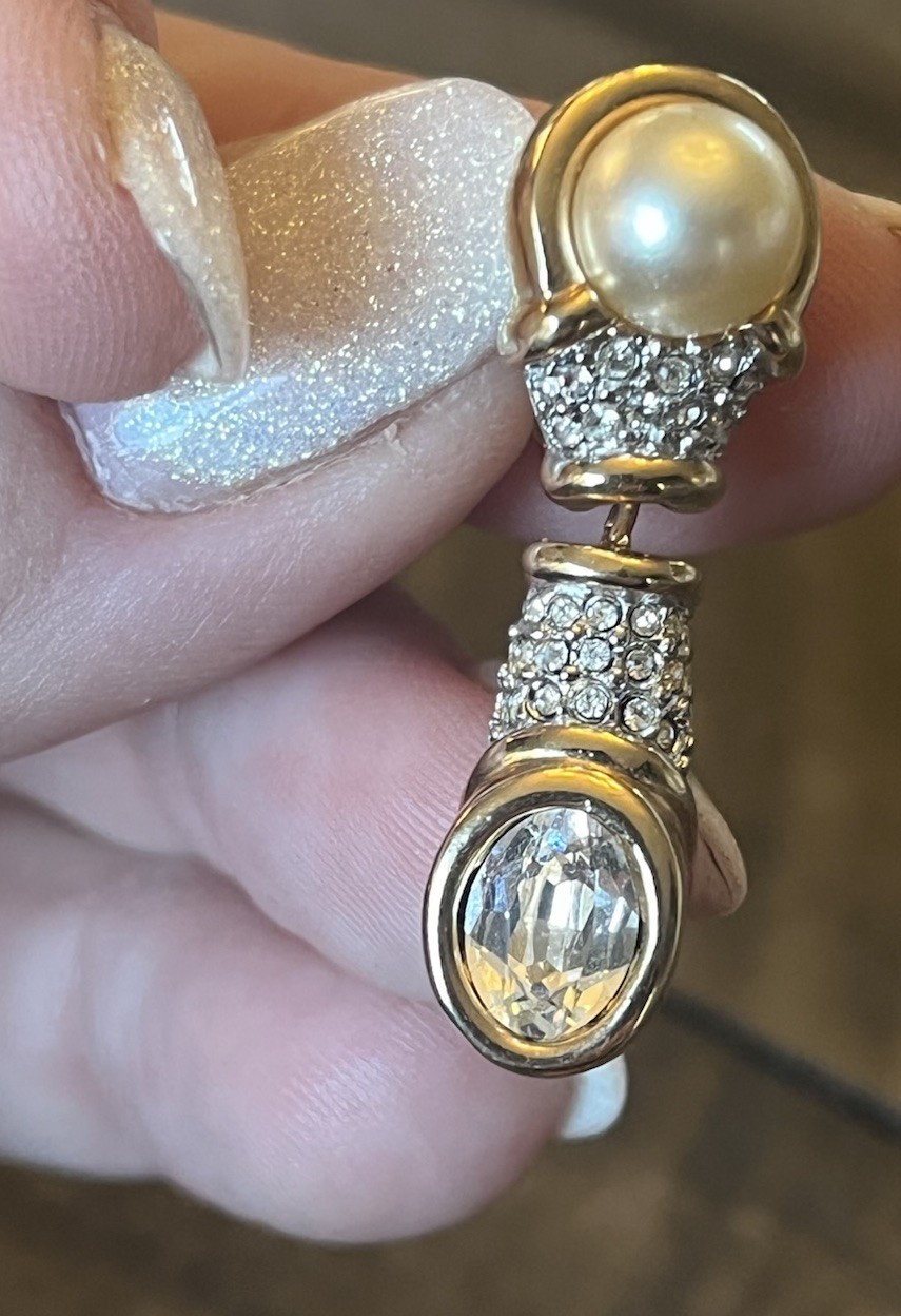 Vintage Signed Swarovski SAL Rhinestone Pearl Dangle Earrings Gold Tone Clip On