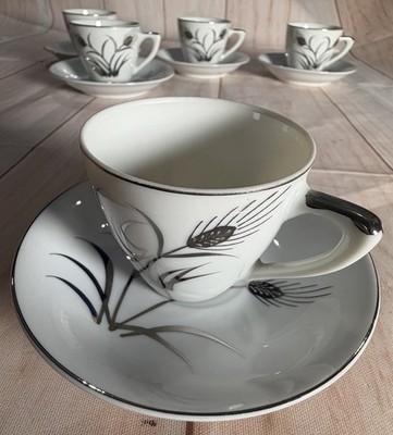5 Vintage Lefton Platin Weizen handbemalt Demitasse Tasse und Untertasse Sets