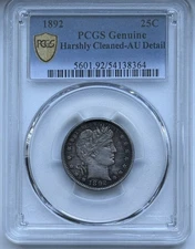 1892 Barber Quarter - PCGS AU Detail, Harshly Cleaned