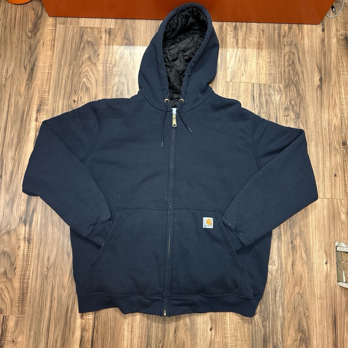 Carhartt Full Zip Quilted Hoodie Navy L Men Hooded Lined Pockets 