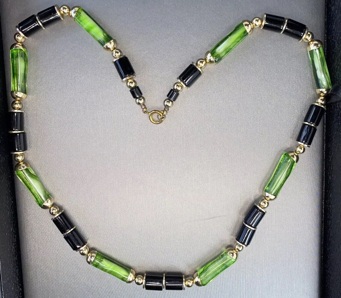 1970s Green Art Glass & Faux Onyx Rondelle Bead G… - image 7