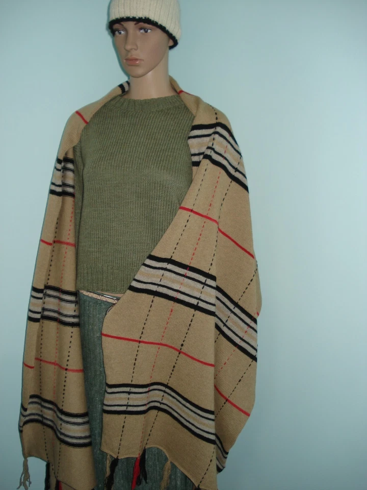 Bufanda de seda Merino/cachemira tejida a mano beige/negro/rojo 8F de largo (hecha a pedido) Foto 4 de 4