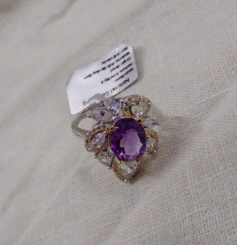 Womens Adjustable Silver Ring Signed 925 Natural Oval Faceted Amethyst Stone NEW - 第 1/5 張圖片