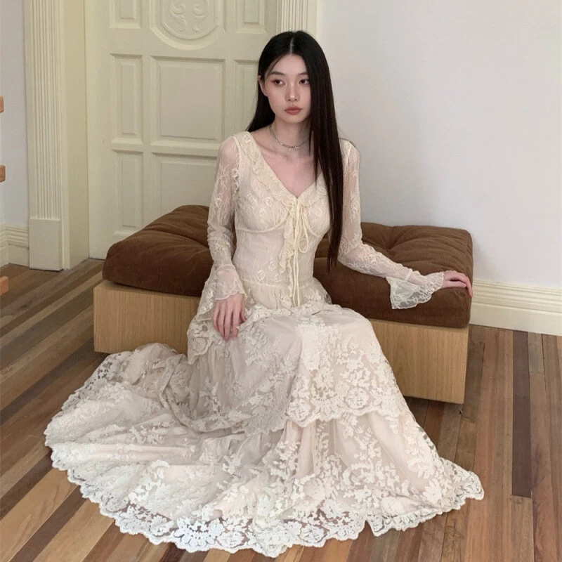 OFF WHITE Abito donna stile francese manica lunga svasata pizzo scollo a V lungo a strati volant nuovo