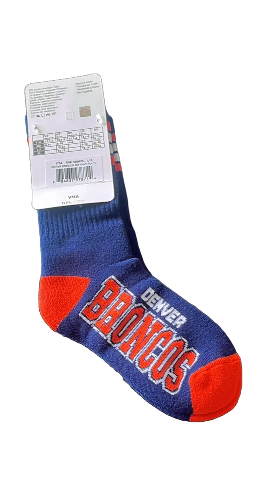 丹佛·布朗科斯 NFL 足球标志 4 条纹 CREW SOCKS 青少年儿童新品! 免运费 — 第 3/4 张图片