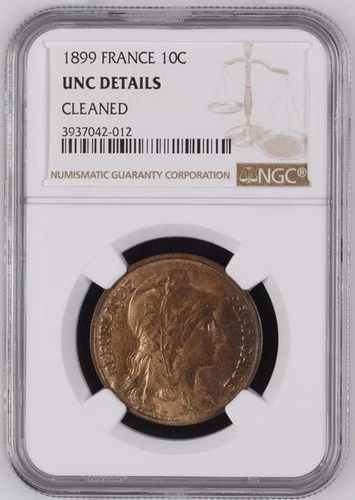1899 FRANCE FRANCE 10C Centimes NGC UNC CLEANED Copper