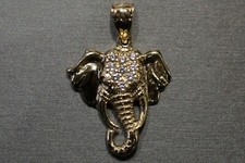 10K Solid Yellow Gold 1.4" Elephant Head Face Charm CZ Pendant.