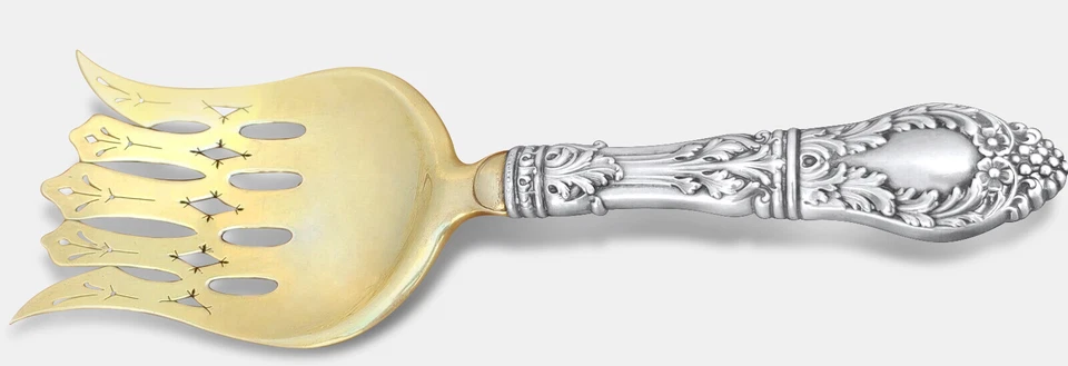 Tenedor para servir espárragos de 1900, plata de ley, lavado en oro, rococó, grande 10" raro Foto 2 de 4