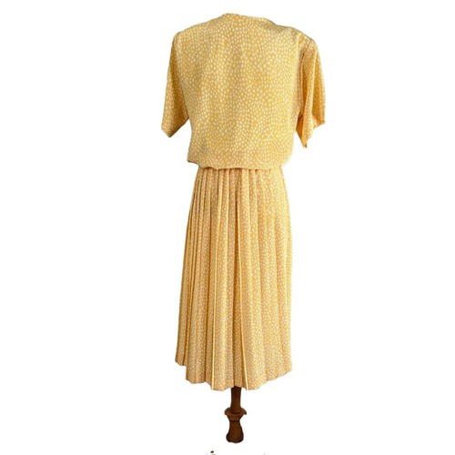 Vintage 1980s Liz Roberts Yellow Polka Dot Pleated Secretary Midi Dress M/L - Picture 4 of 7