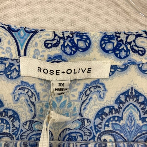 New Rose & Olive size 3X Blue White Floral Paisley Boho 3/4 Sleeve Relax Blouse - Picture 2 of 11