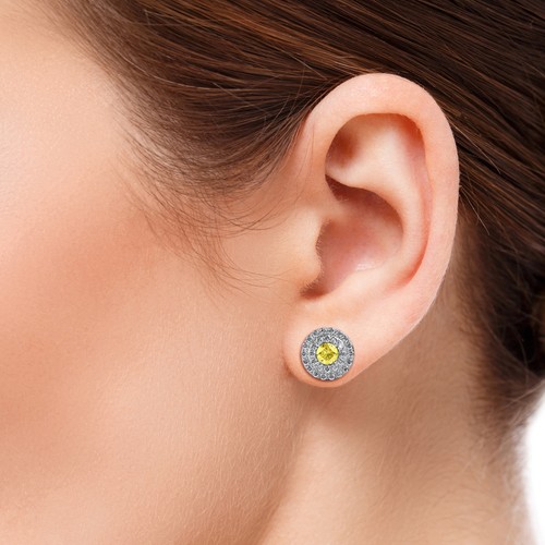 Yellow Sapphire and Diamond Halo Stud Earrings 0.85 ctw 14K White Gold JP:84598 - Picture 3 of 4