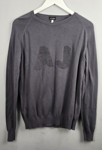 Armani Jeans Jumper Mens Large Grey Cotton Crew Neck Spell Out AJ